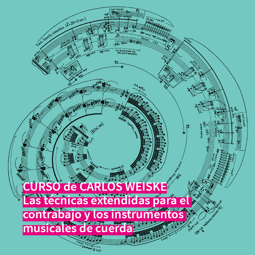 Imagen de notas musicales en espiral. y texto sobreimpreso donde se puede leer: Curso de Carlos Weiske. Las técnicas extendidas para el contrabajo y los instrumentos de cuerda.