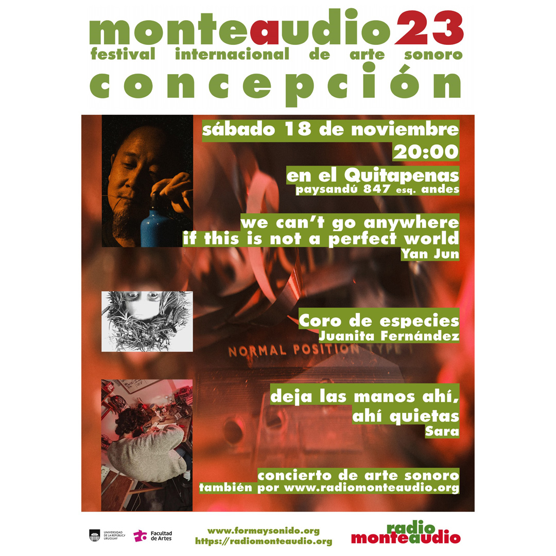 Afiche de difusión del Festival de Arte Sonoro Monteaudio23. Se puede leer un texto sobreimpreso: en letras verde oliva y combinada con un tono rojizo se lee monteaudio 23. festival internacional de arte. Sábado 18 de noviembre. 20.00 en el Quitapenas -Paysandú 847 esq. Andes. We can´t go anywhere if this is not a perfect world. Yan JUn. Coro de especies. Juanita Fernández y deja las manos ahí quietas. SAra. Conciertode arte sonoro. Se ve una miscelánea de fotografías superpuestas con los artistas de cada una de las actuaciones.