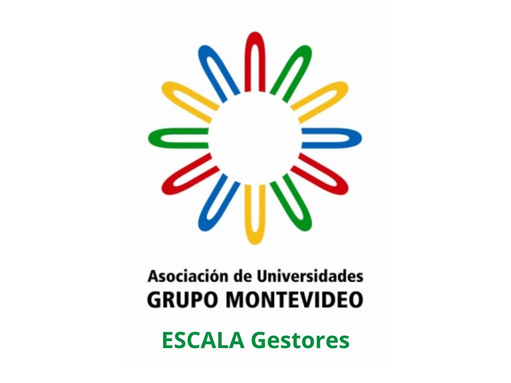 Logo de la Asociación de universidades del Grupo Montevideo. seguido de el texto: ESCALA Gestores en color verde