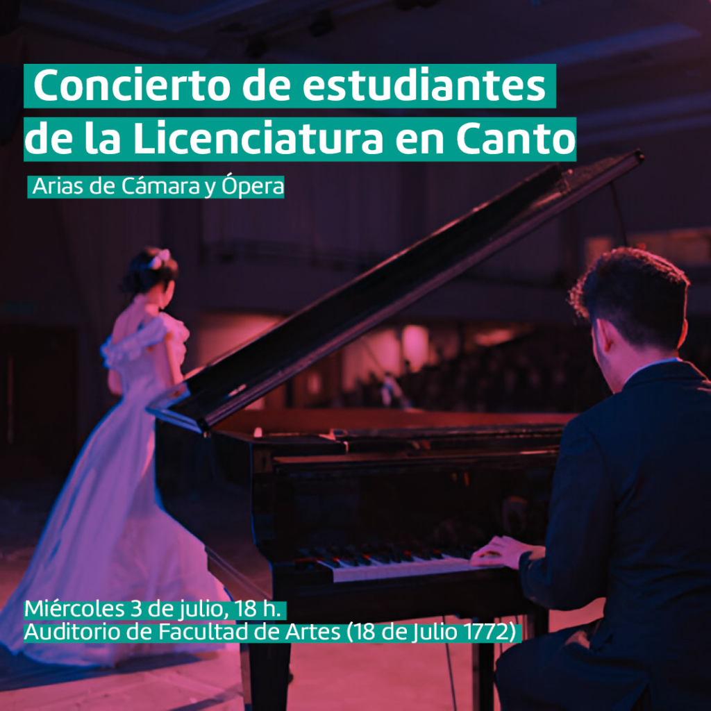 Imagen de mujer cantando con vestido blanco y hombre sentado al piano con filtro magenta y texto subrayado en verde y letras blancas que dicen: Concierto de estudiantes de la Licenciatura en Canto. Arias de Cámara y Ópera