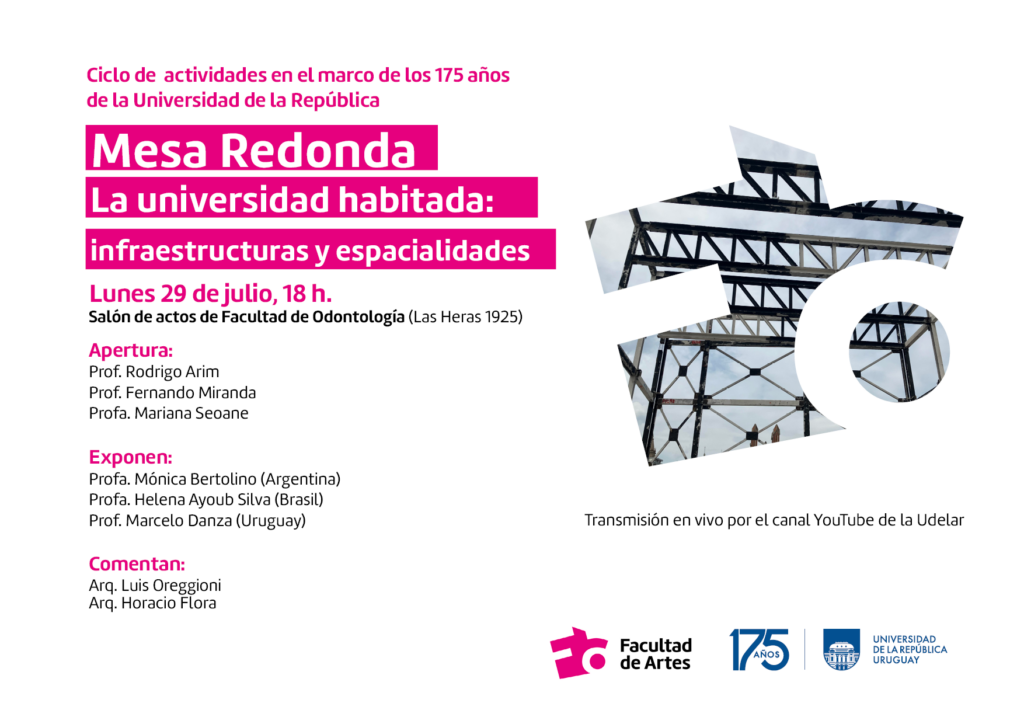 Invitación a la mesa redonda con textos en blanco y subrayados magenta y se ve el isotipo como contenedor de una imagen, donde se ve la estructura de una obra. 