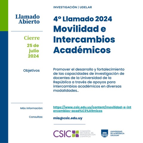 Gráfico de fondo blanco con texto sobreimpreso: 4to Llamado 2024 - Movilidad e Intercambios Académicos. promueve el desarrollo y fortalecimiento de las capacidades de investigación de docentes de la Udelar a través de apoyos para intercambios académicos en diversas modalidades.
cierre: 25 de julio de 2024. Consultas: mia@csic.edu.uy