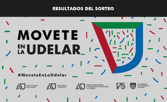 Imagen con fondo gris donde se puede leer Resultados del sorteo. Movete en la Udelar. #MoveteEnLaUdelar
 A la derecha se ve el Logo integrado de las Áreas de la Udelar, con cada uno de los colores de cada una de ellas. Debajo se ven los logos de Área Ciencias de la Salud, Área Social y Artística, Área de Tecnologías y Ciencias de la Naturalza y Habitat y más a la derecha se ve el logo de Udelar en sus 175 años.