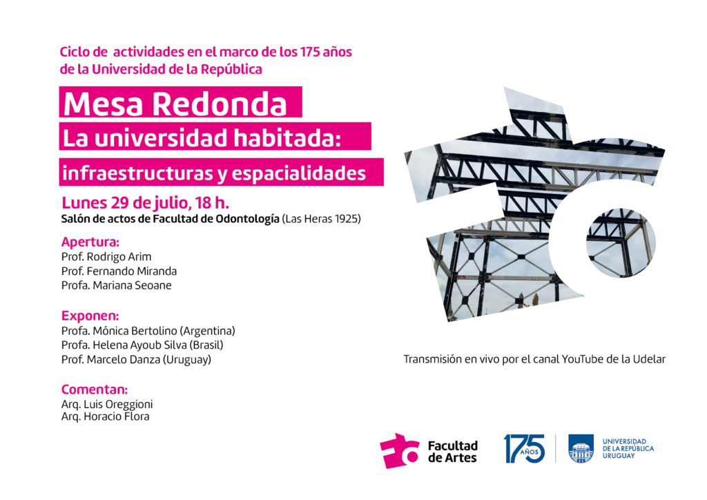 Gráfico rectangular de fondo blanco Con texto sobreimpreso en letras blancas y subrayado en magenta que dice: Mesa redonda La universidad habitada: Infraestructuras y espacialidades. A la derecha del texto, grande, se encuentra el contorno del logo de Facultad de Artes, relleno por una fotografía de la estructura de hierro de una construcción en proceso.