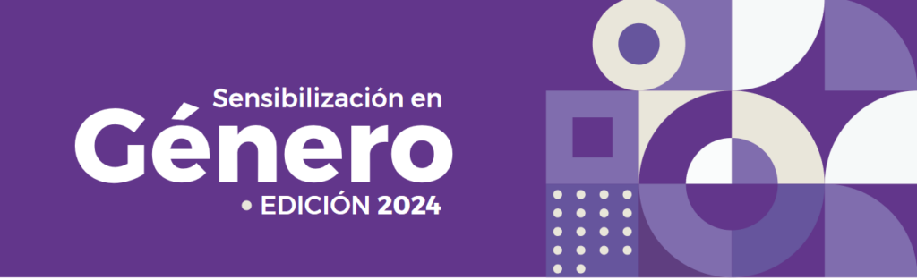 Imagen con fondo violeta y texto en letras blancas donde se lee: Sensibilización en Género. Edición 2024. A la derecha se ven figuras geométricas y curvas en tonos violetas y lilas. 