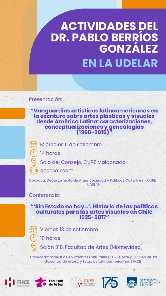 Imagen en formato vertical, se ven colores en violeta, naranjas y celestes. Y se puede leer el siguiente texto: Actividades del Dr. Pablo Berríos González en la Udelar. Luego se puede acceder a la agenda de las actividades de las fechas: 11 y 13 de setiembre. 