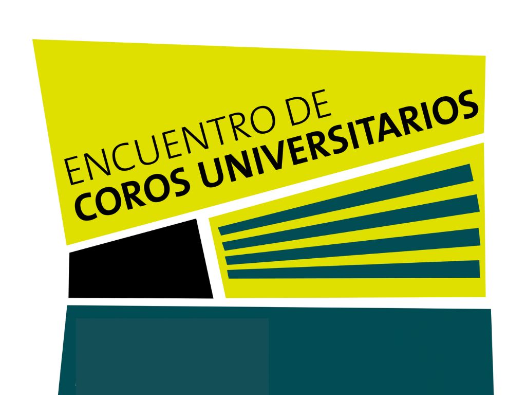 Grafico de difusión. fondoblanco con figuras geometricas negras, amarillas y verde. Sobreimpreso dice: Encuentro de coros universitarios