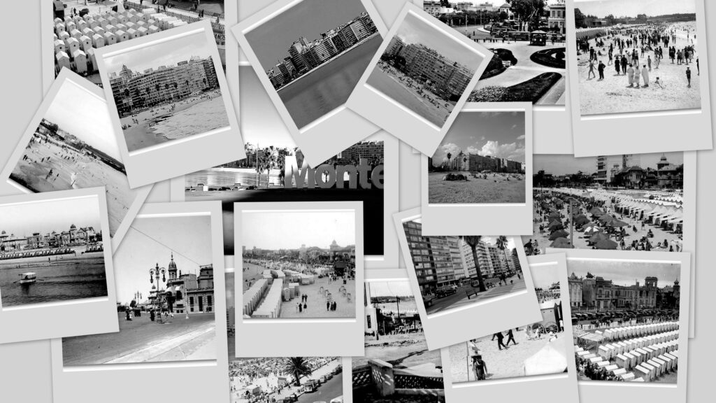 Fotografía tipo collage en escala de grises formado por varias postales de Montevideo, superpuestas y con diferentes inclinaciones. 