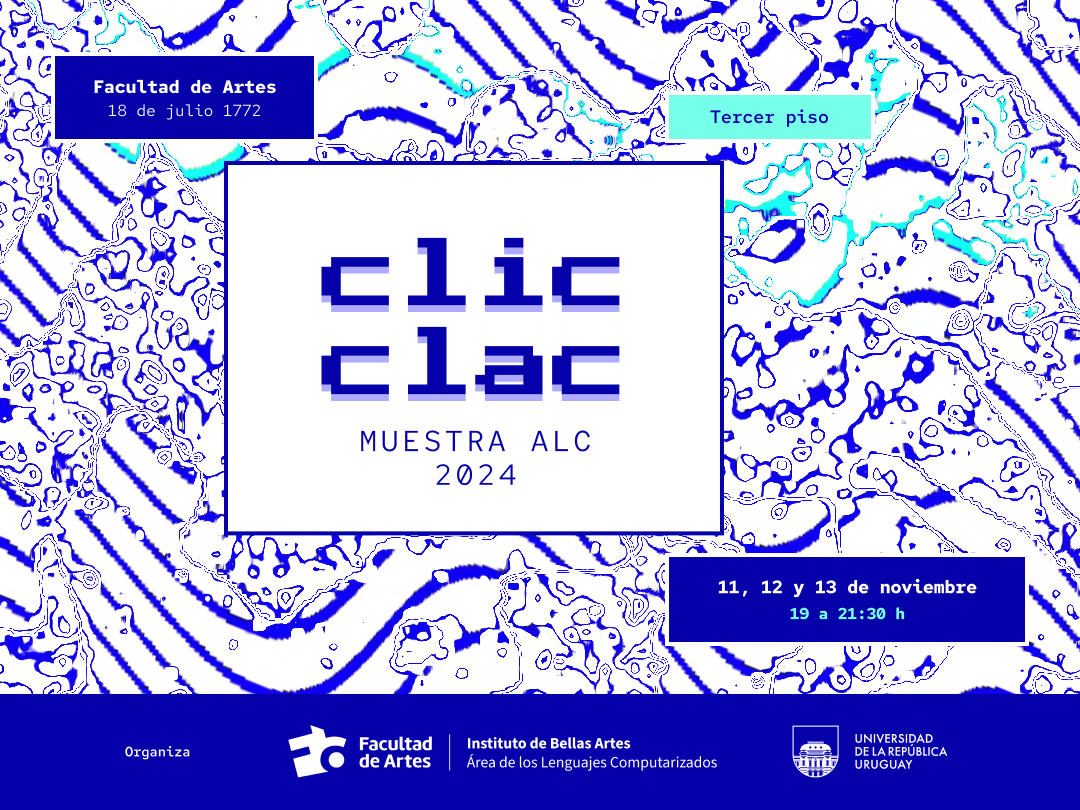 Imagen en tonos de azul y texto sobreimpreso donde se puede leer: Apertura Día 1- Charla Desvíos. Subvertir las inteligencias artificiales. a cargo de Jazmín Adler, Muestra de Live Coding a cargo de estudiantes. Clic Clac, muestra ALC. 11 de noviembre 19 a 21.30 h, Salón 318 Facultad de Artes. Organiza Área de los Lenguajes Computarizados