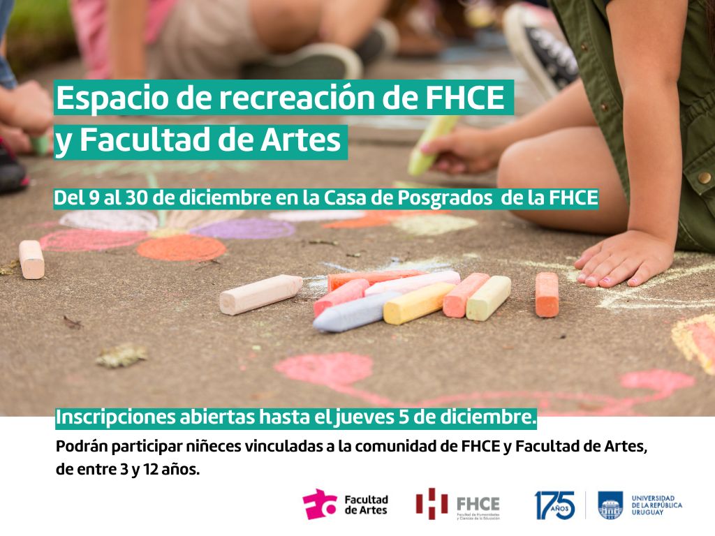 Fotografía en la que se ven las manos y parte del cuerpo de un niños/as jugando. Sobreimpreso dice: Espacio de lúdico-recreación de FHCE y Facultad de Artes. Del 16 al 19 de setiembre en la Casa de Posgrados de FHCE. Inscripciones abiertas . Podrán participar niñeces vinculadas a la comunidad de FHCE y de Facutad de Artes, de entre 3 y 12 años